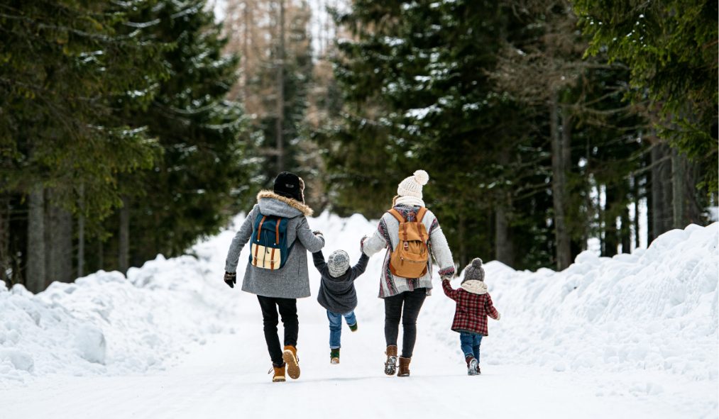 family walking in woods in winter