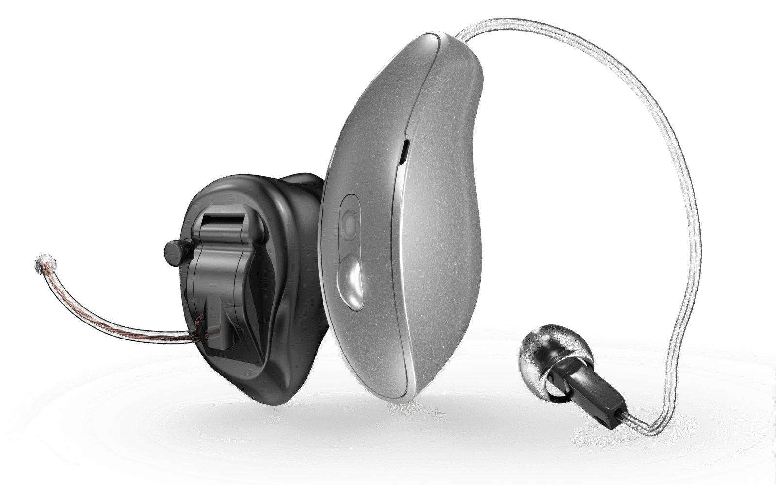 Pair of modern behind-the-ear hearing aids with thin wires and small earpieces on a light background.