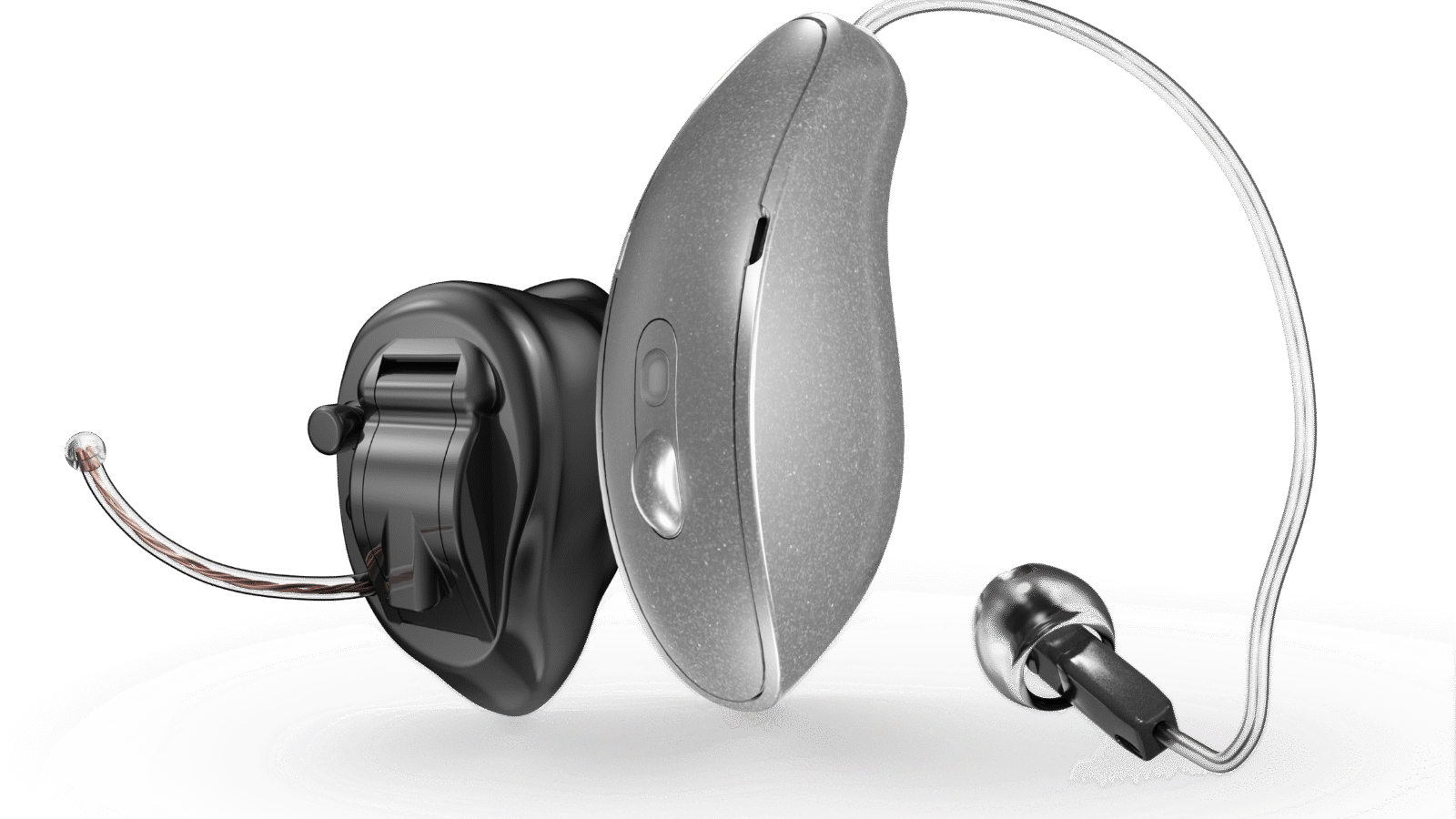 Pair of modern behind-the-ear hearing aids with thin wires and small earpieces on a light background.