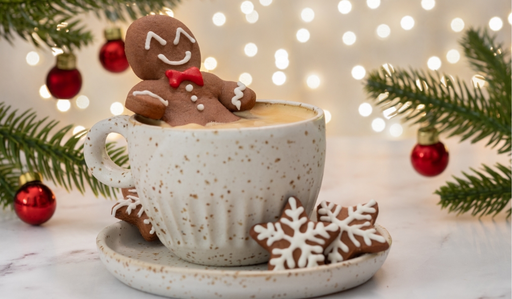 events christmas cookies gingerbread man in hot chocolate mug