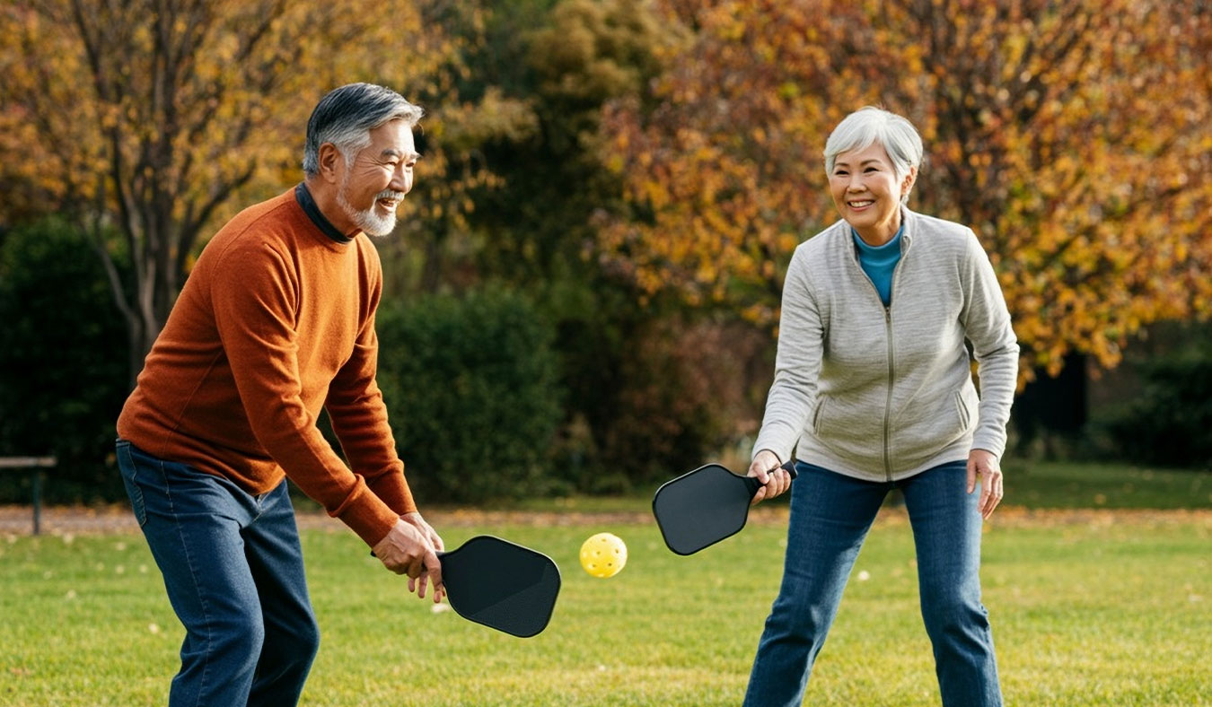 events asian senior couple playing racketball outside