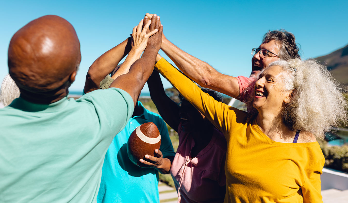 events middle aged friends breaking before football match