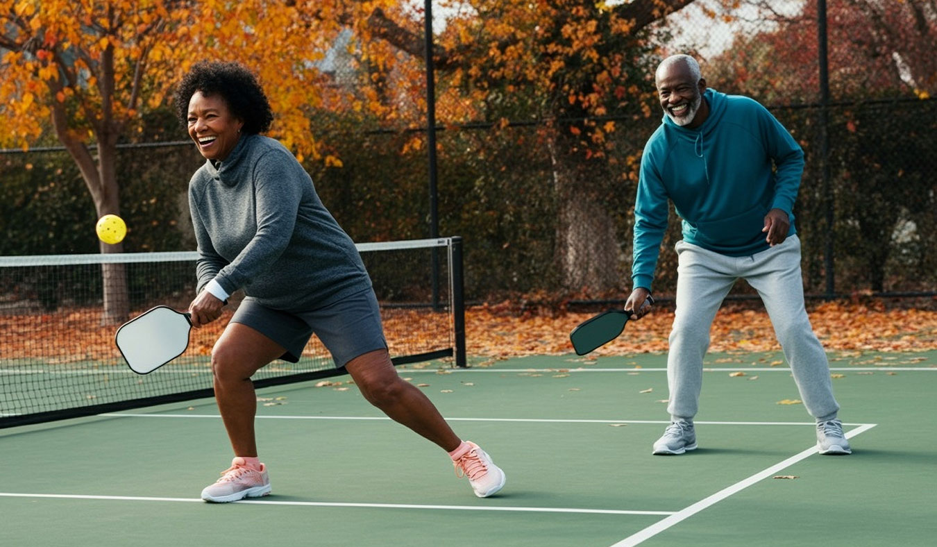 events senior black couple playing racket game on court