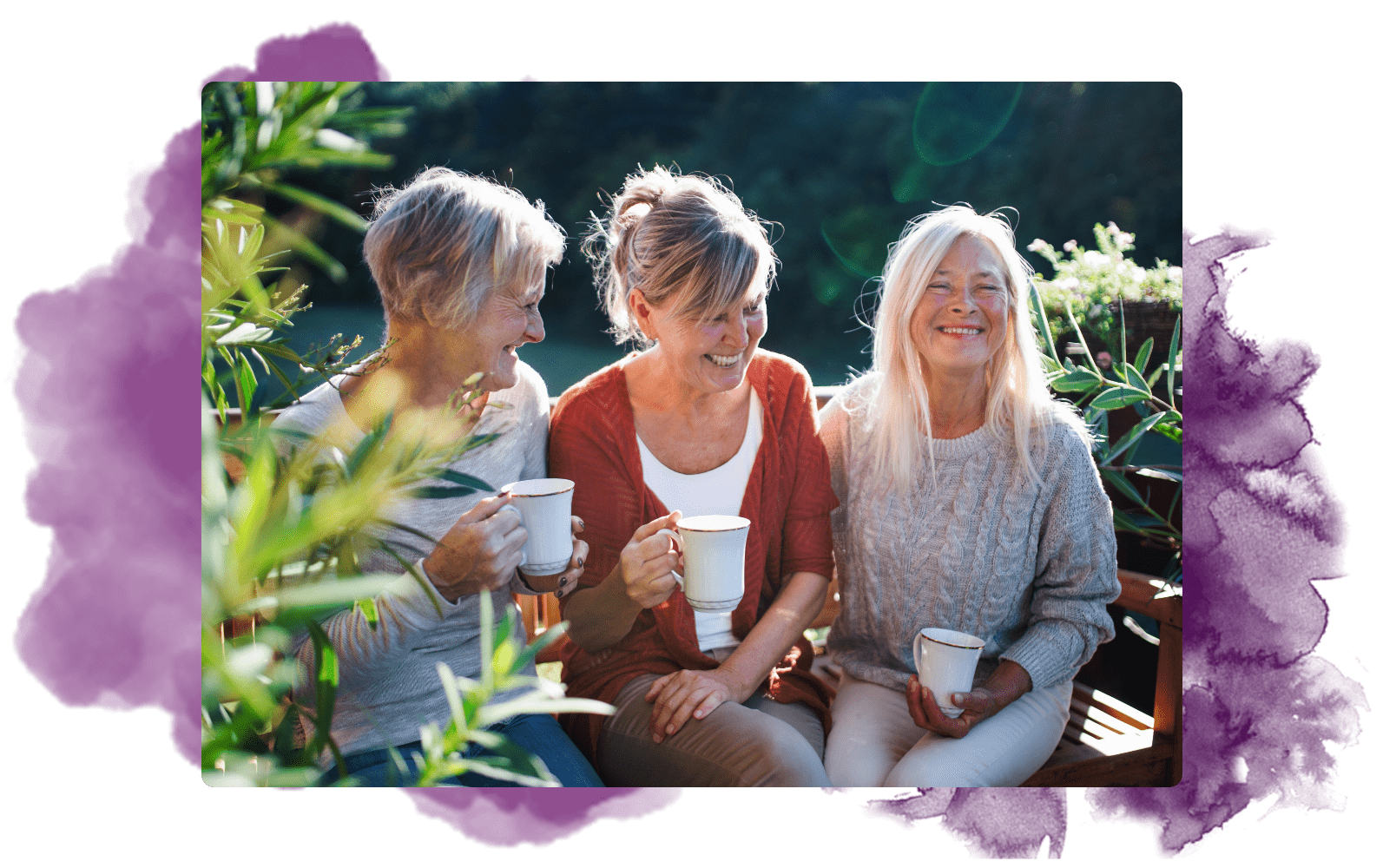 senior friends chatting laughing coffee