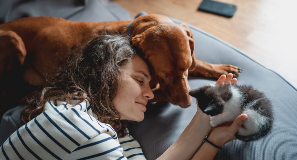 woman with pet dog and kitten