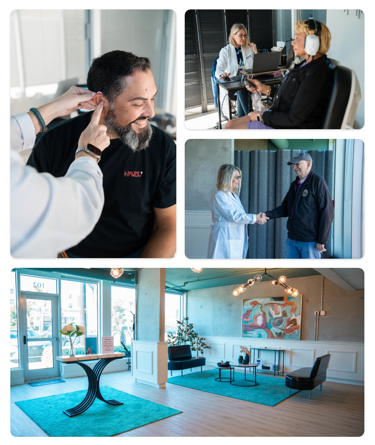 homepage collage dr algria putting hearing aid on patient patient hearing test front office waiting room