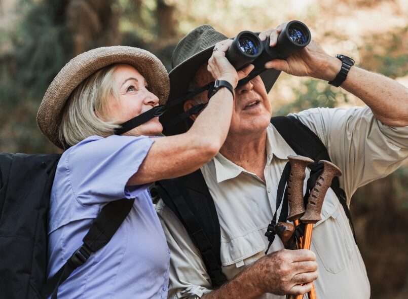senior couple bird watching
