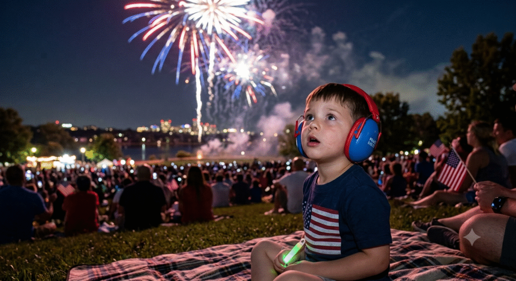 Young boy with headphones watching fireworks