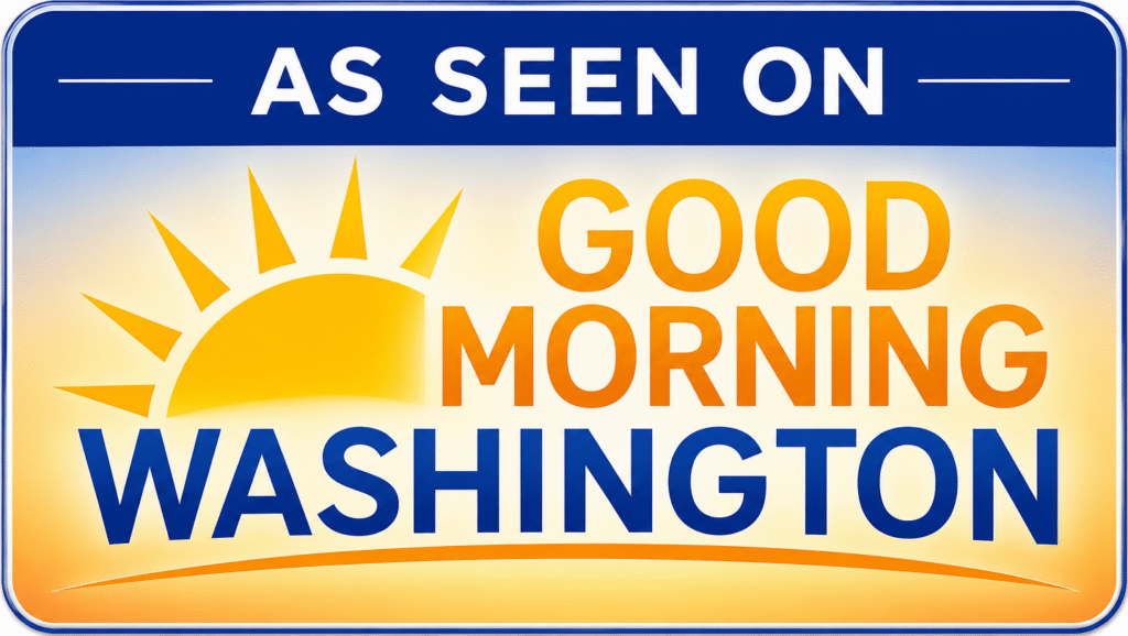 Good Morning Washington As seen on Good Morning Washington logo with sun graphic and blue and orange text.