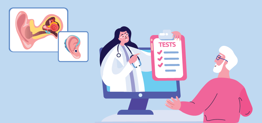 Doctor on computer screen showing hearing test checklist to older person with ear anatomy diagrams nearby.