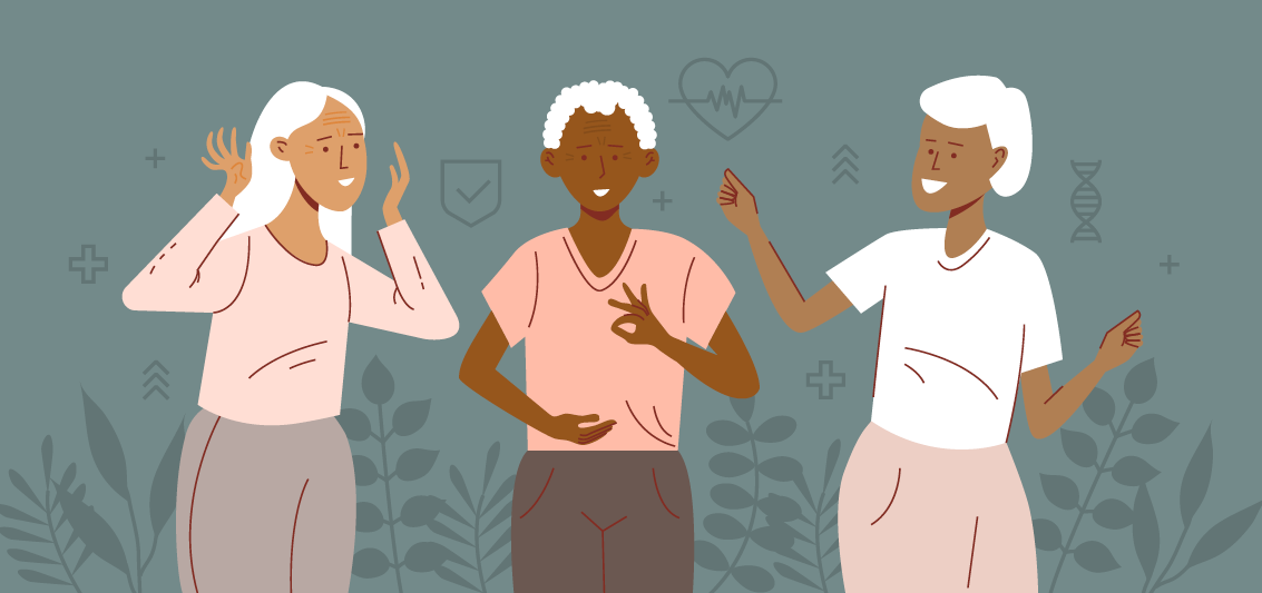 Three diverse older adults smiling and gesturing with health icons in the background.