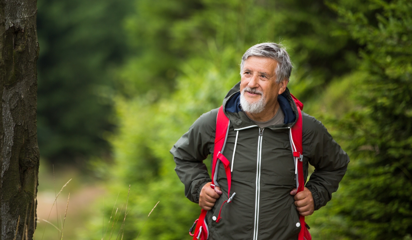 Active senior hiking in high mountains