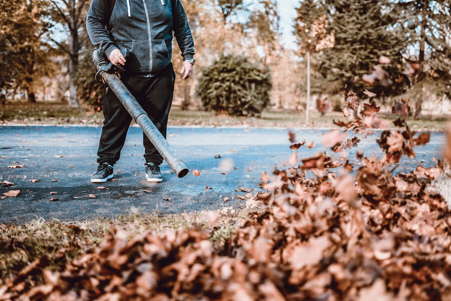 Man getting hearing loss from blowing leaves without hearing protection.