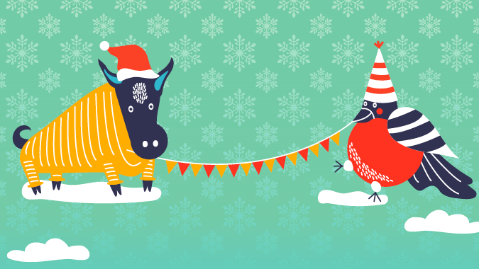 Illustration of a red-chested bird & a sweater-wearing bull holding a flag banner between them while standing in the snow
