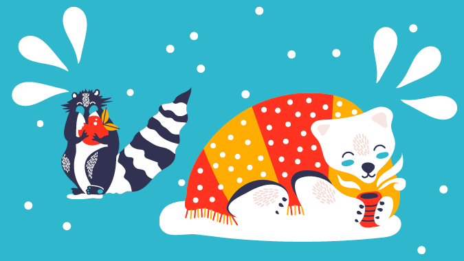 Illustrated raccoon eating an apple next to a sweater-wearing polar bear drinking coffee