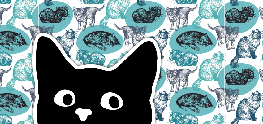 Illustration of a black cat with perked ears on a background of other kitties frolicking