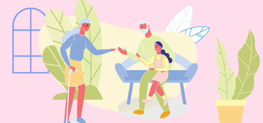 Illustration of a woman chatting with her husband and granddaughter in the garden outside her house
