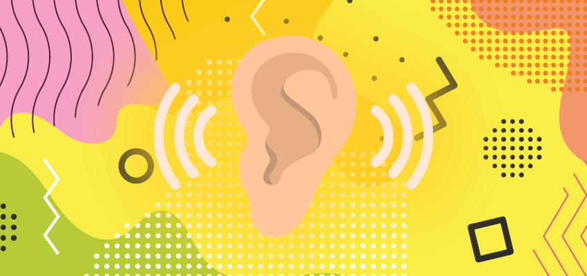 Illustration of an ear with graphics representing noise surrounding it