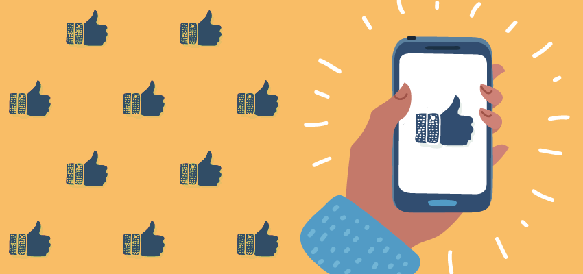 Illustration of a hand holding a smartphone with a large "like" thumbs-up on the screen