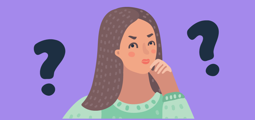 Illustration of a woman pondering something with purple question marks floating around her