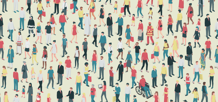 Illustration of a crowd from above walking in all directions 
