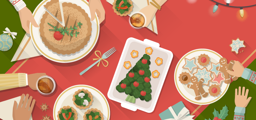 Illustration of holiday table full of treats