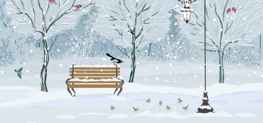 Illustration of a park bench on a snowy winter day