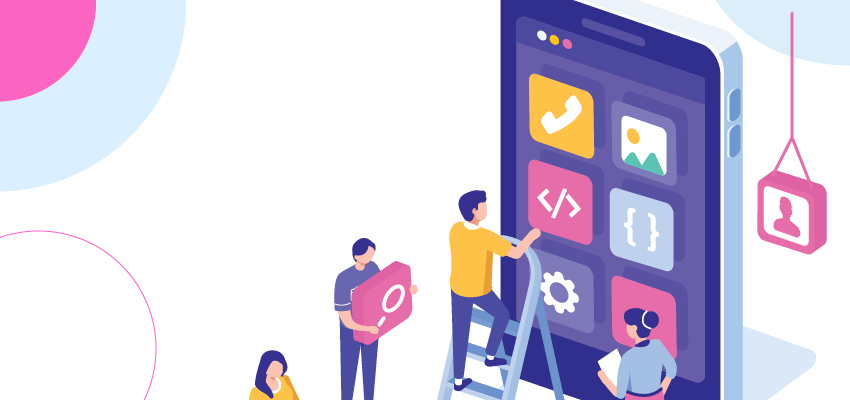 Illustration of people adding app blocks to a larger than life smartphone