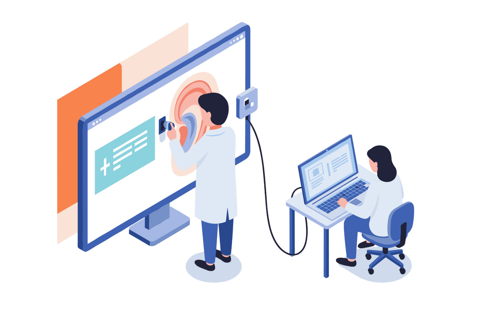 Isometric audiology examination with modern equipment in clinical setting