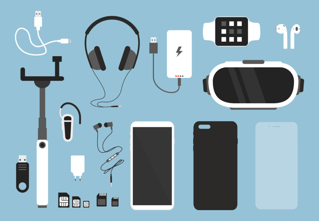 Vector illustration set of smartphone and accessories for it Phone with case, charger, headphones and protective glass, cover and other things for smartphone in flat cartoon style