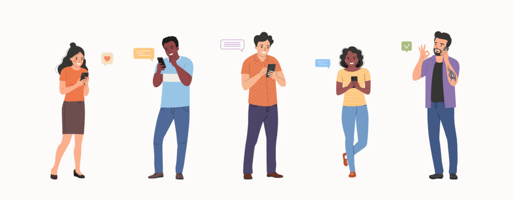 Different young women and men look into the smartphone People stand full body Flat style cartoon vector illustration