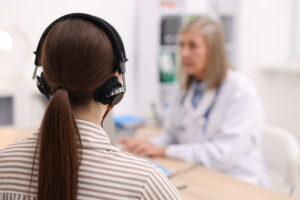 Patient with audiometric headphones undergoing hearing test in clinic, selective focus Space for text