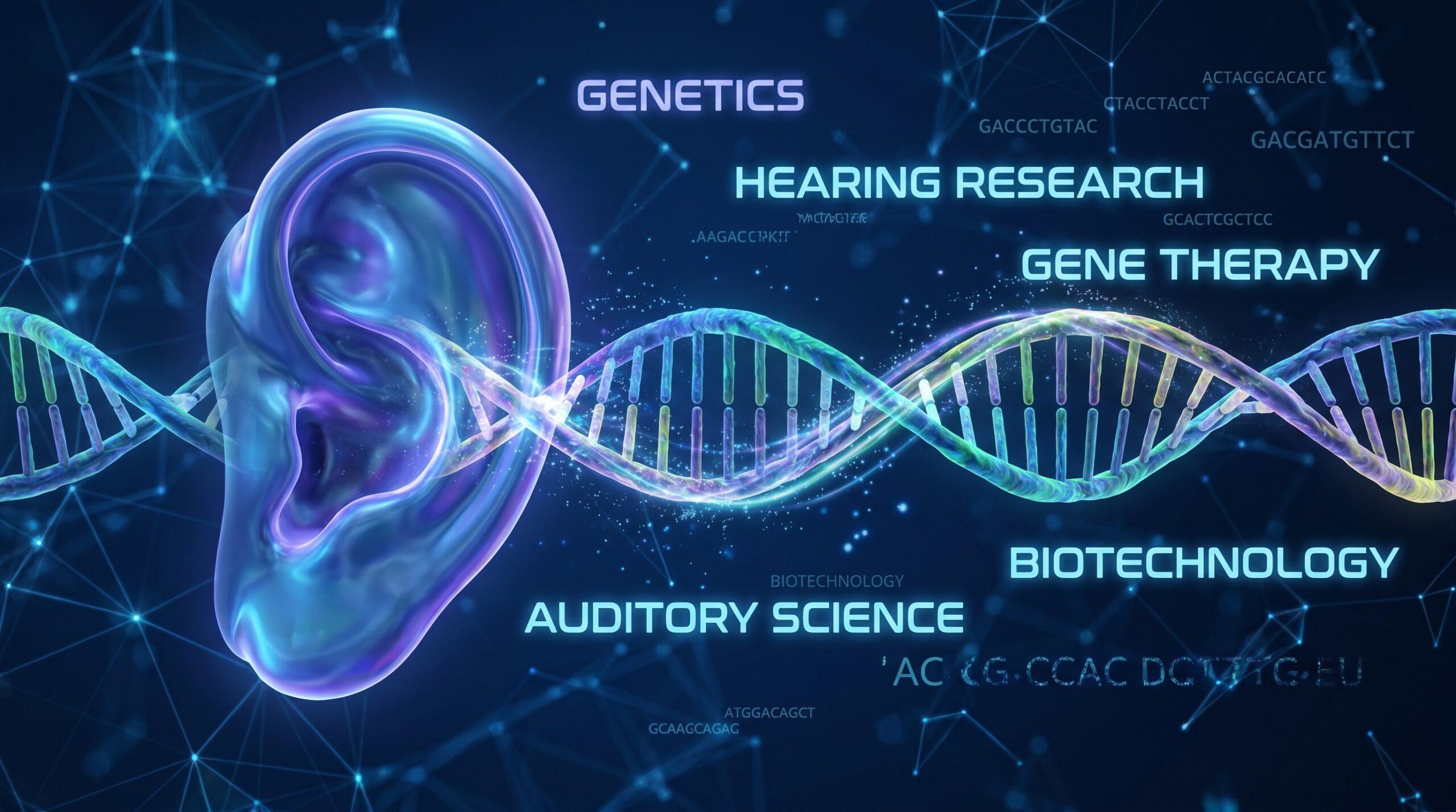 Genetic Hearing Loss as an ear with a DNA double helix symbol representing genetics and Auditory science or audiology as losing the ability to hear due to gene disorder