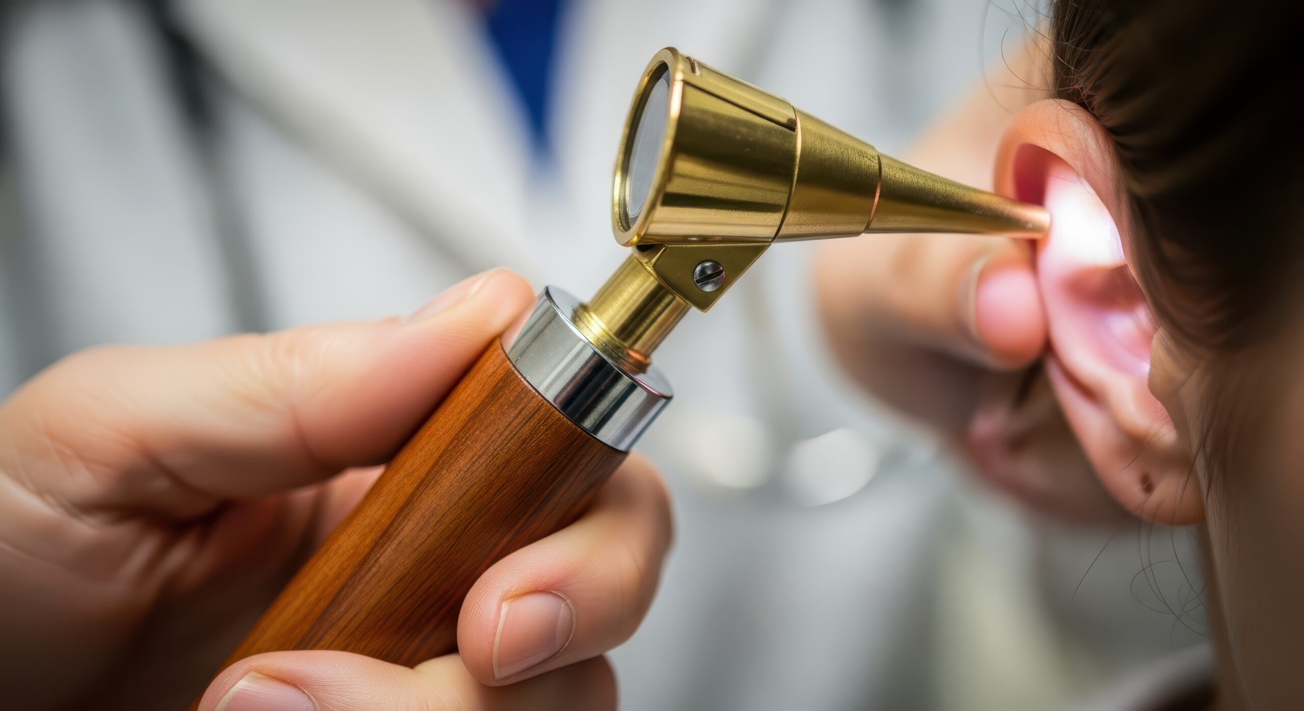 Medical professional examines patient's auditory canal using a specialized illuminated instrument