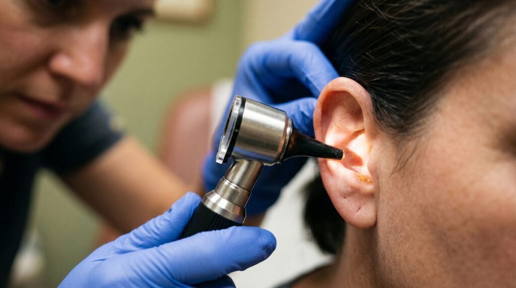 Close up of a clinician examining an ear canal with an otoscope, medical diagnostic check for infection, inflammation or earwax buildup, healthcare and ENT examination concept