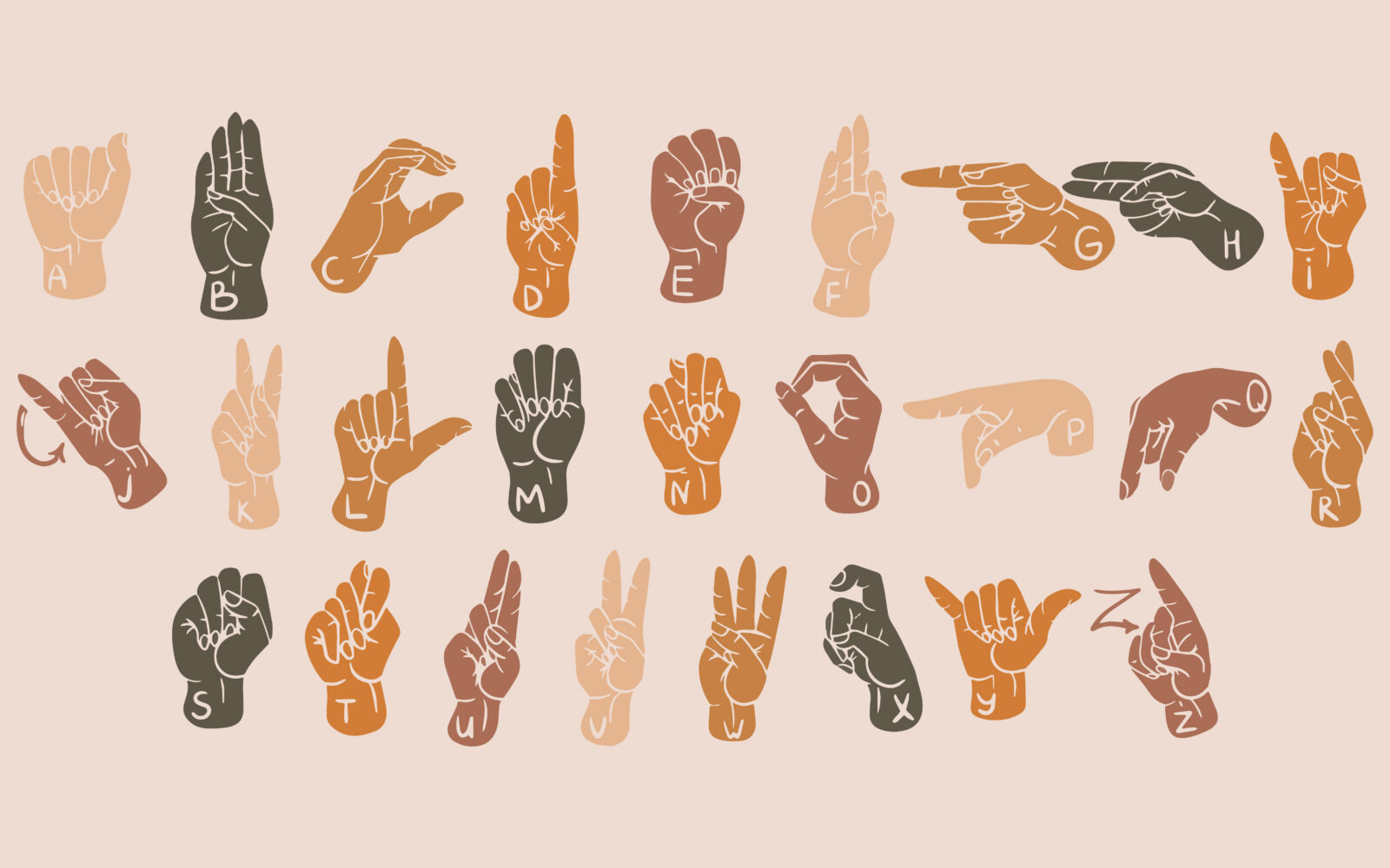 American Sign Language Alphabet 26 letters of ASL Sign Language spelling Deaf culture, gestures Flat items in boho colors