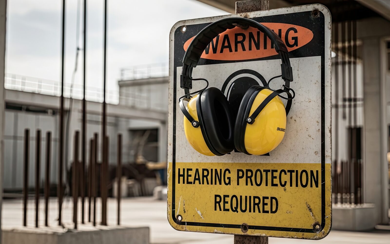 Yellow hearing protection headphones on warning sign at construction site emphasizing industrial