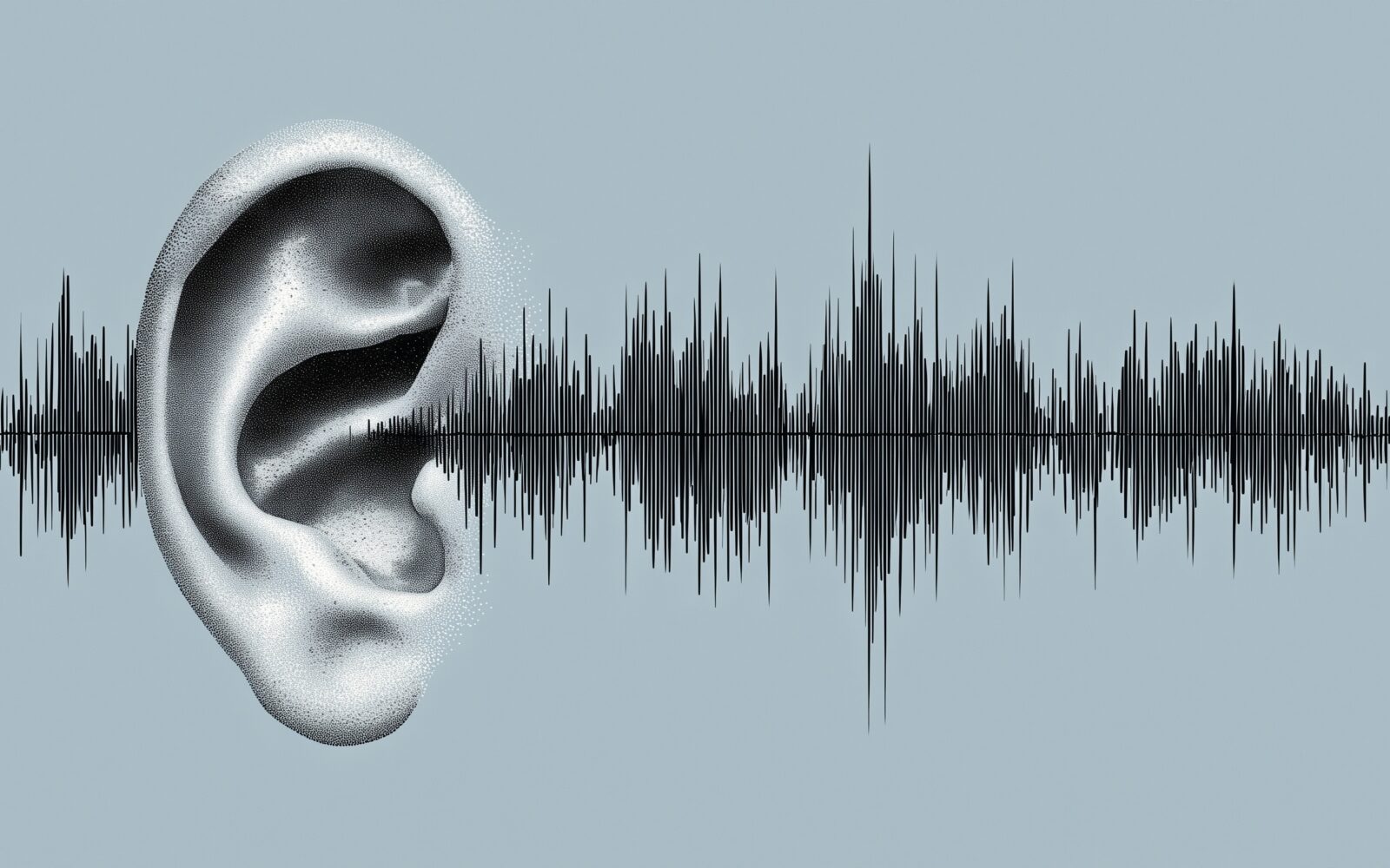 Stylized ear and sound waveform symbolize hearing screening, cochlear implant evaluation, and auditory diagnosis