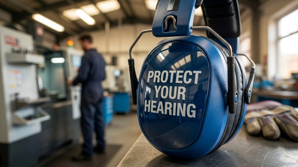 Ear defenders sit on a metal workbench in a noisy manufacturing facility to remind employees to protect their hearing during daily operations