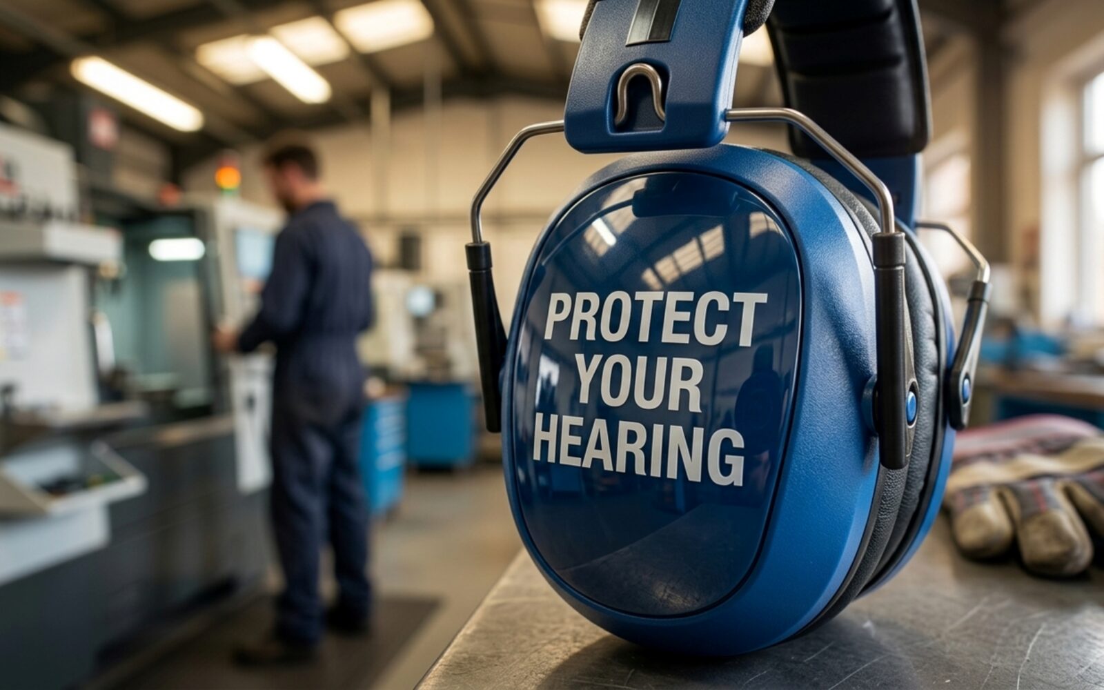 Ear defenders sit on a metal workbench in a noisy manufacturing facility to remind employees to protect their hearing during daily operations