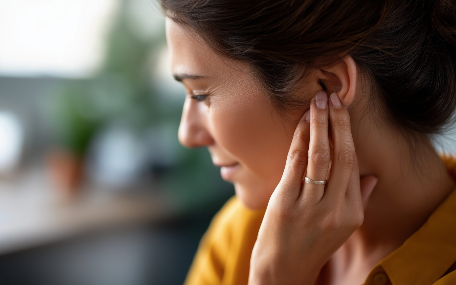 Woman's hand touching painful ear face partially visible ear pain otitis hearing discomfort ear infection tinnitus auditory problem medical concern home interior