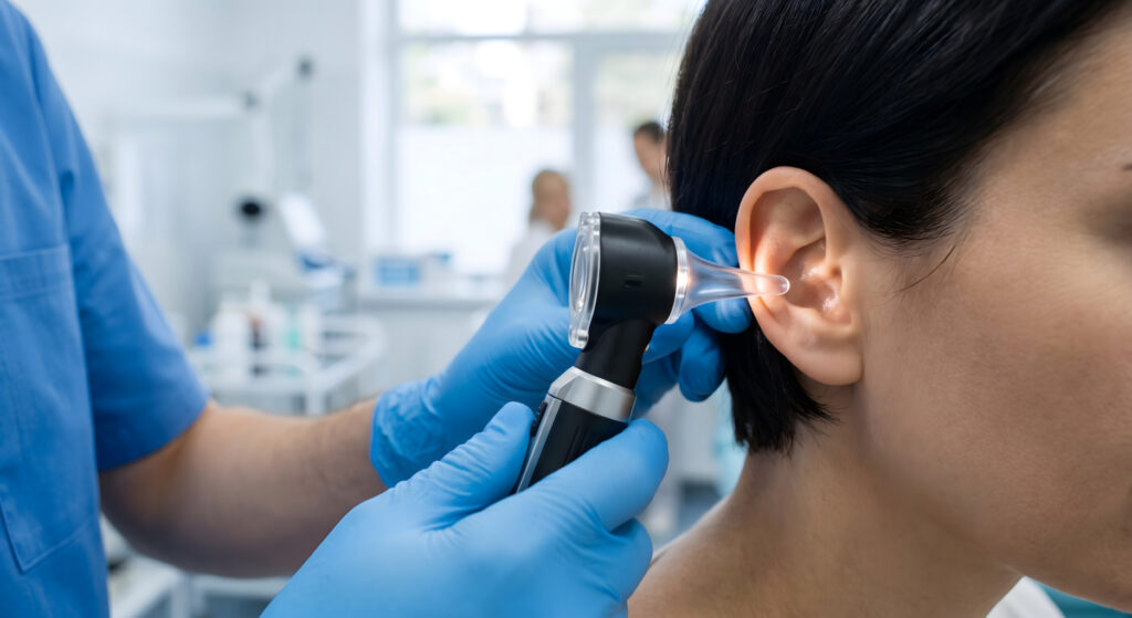 Doctor examining patient ear with otoscope to check for hearing issues in clinic