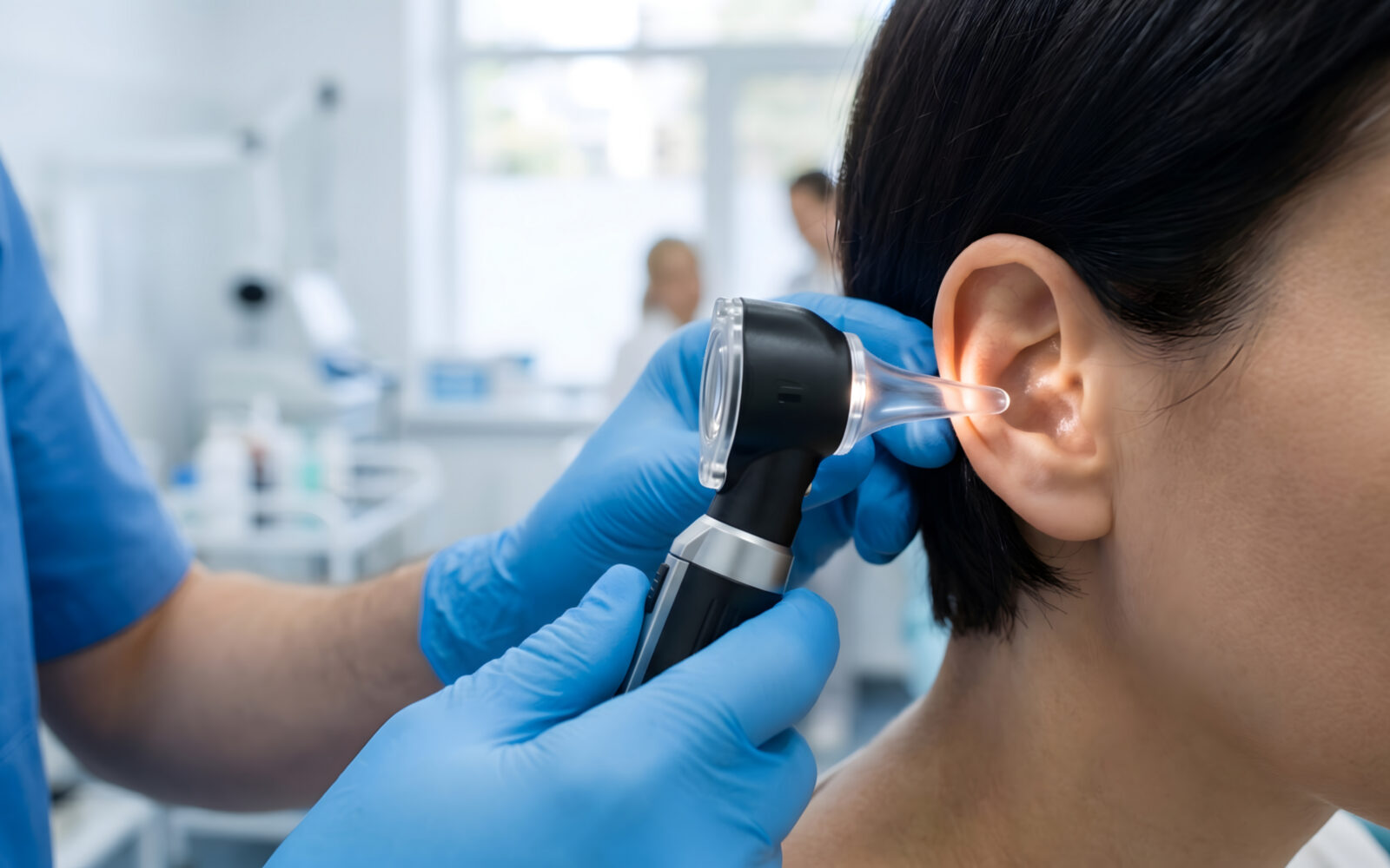 Doctor examining patient ear with otoscope to check for hearing issues in clinic