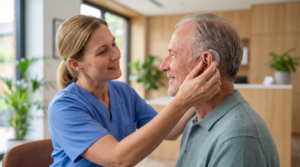 Woman audiologist fitting a hearing aid to an elderly man Happy senior patient with assisted listening device Healthcare for hearing loss