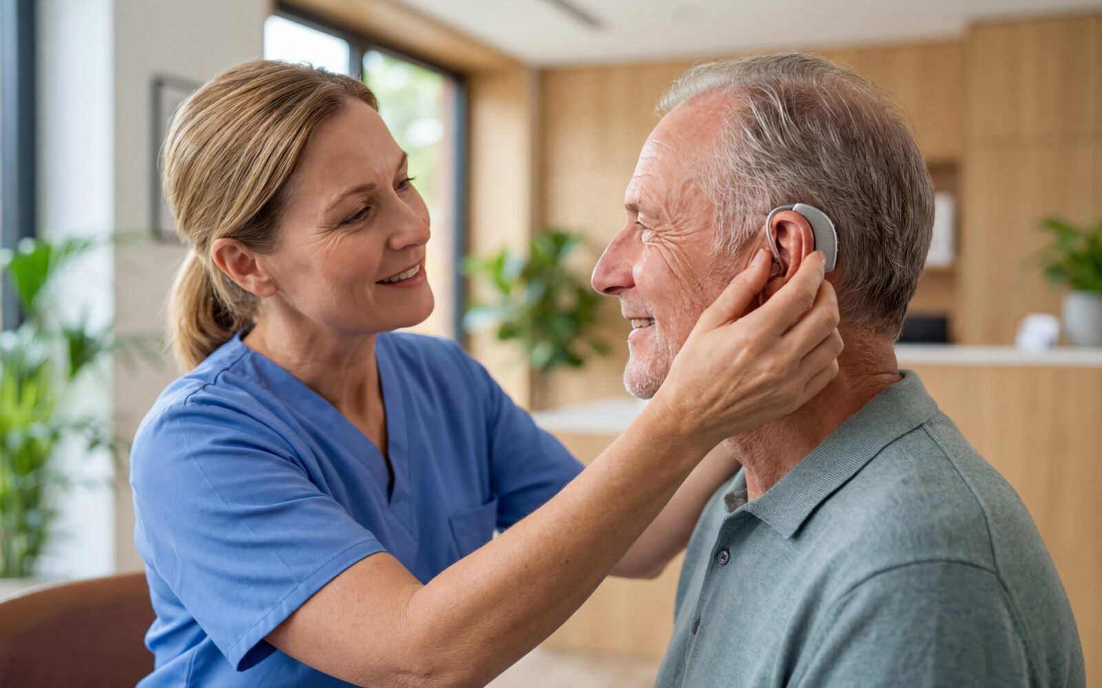 Woman audiologist fitting a hearing aid to an elderly man Happy senior patient with assisted listening device Healthcare for hearing loss