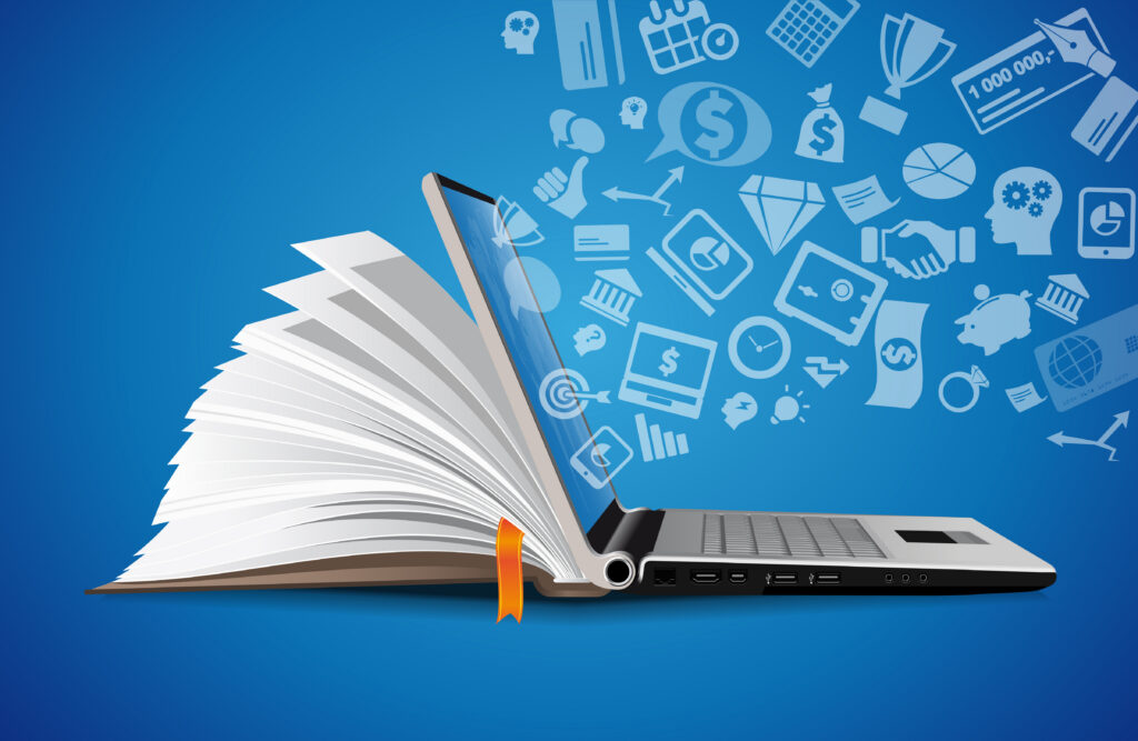 Computer as book knowledge base concept laptop as elearning idea