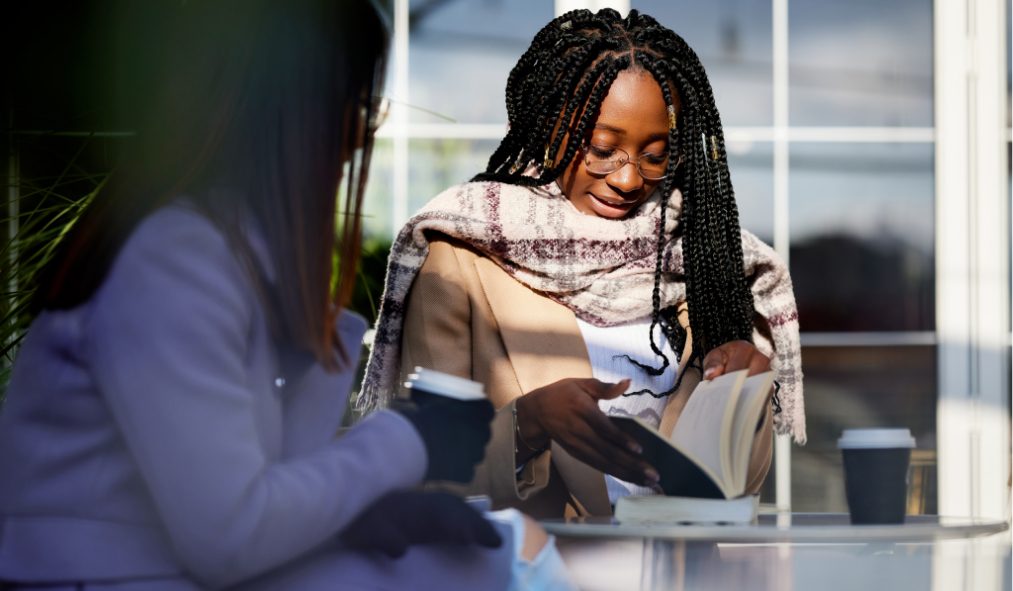winter young african american woman reading