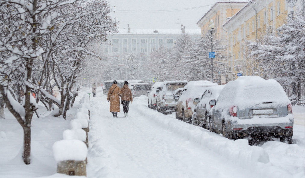 winter two people walking down a snowy neighborhood