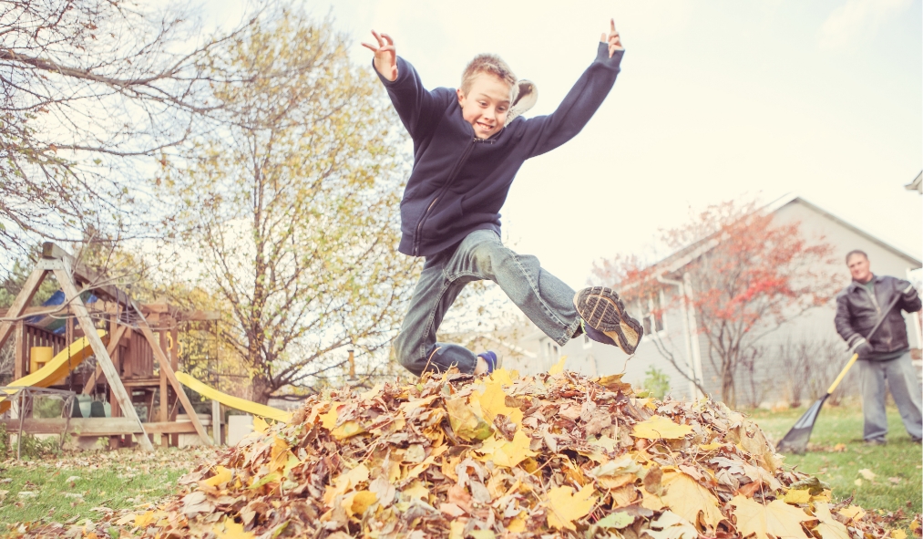 fall boy jumping in leaf pile