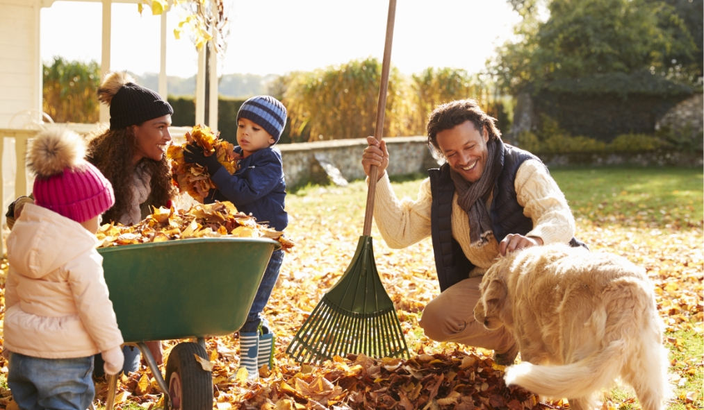 fall family raking leaves